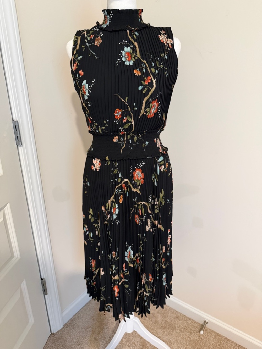 Nanette Lepore Black Floral Pleated Midi Dress with Smocked Waist